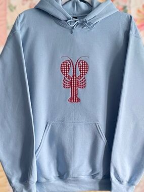 Lobster Red Gingham Patchwork Embroidered  Light Blue Hoodie